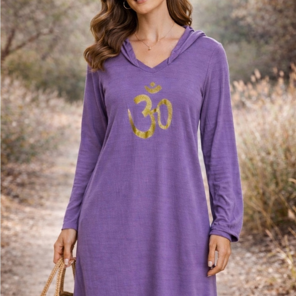 Namaste Santa Barbara Womens Yoga Dress Size M Purple Gold Knit Hooded Om Symbol